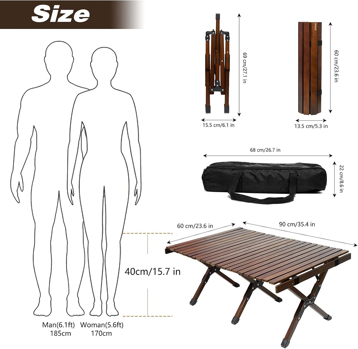 3ft Low Height Portable Folding Wooden Camping Table with Carry Bag P164