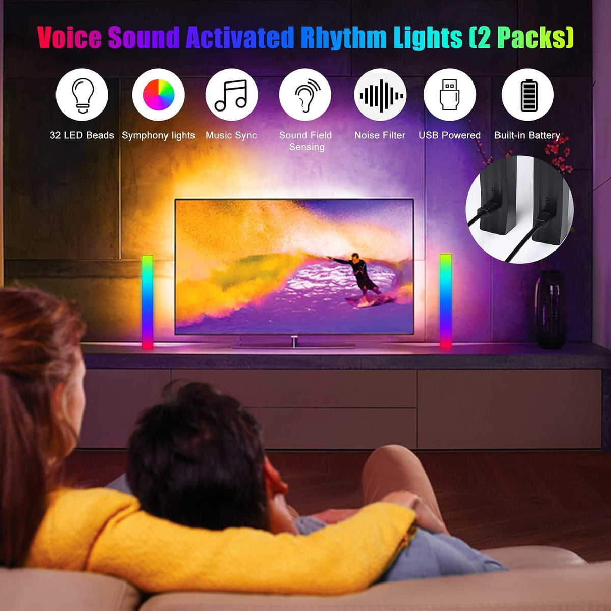 Battery Powered RGB Sound Control Rhythm Light Bar 2Pcs T32746