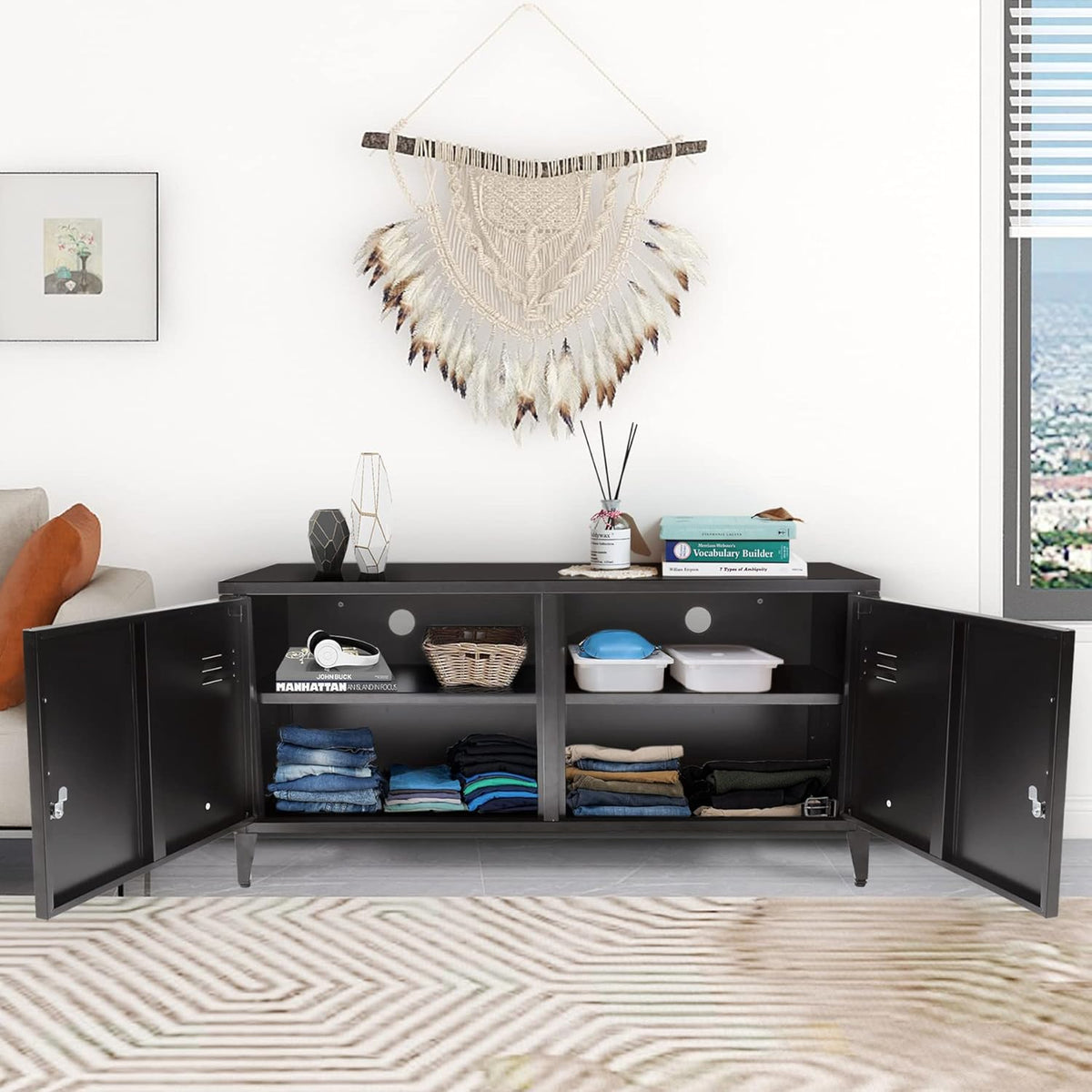 Black 2 Door Metal Storage Cabinet with 2 Shelves W6776