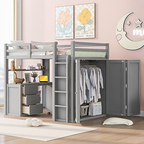 Full Size Solid Wood Loft Bed with Desk and Wardrobe S55881
