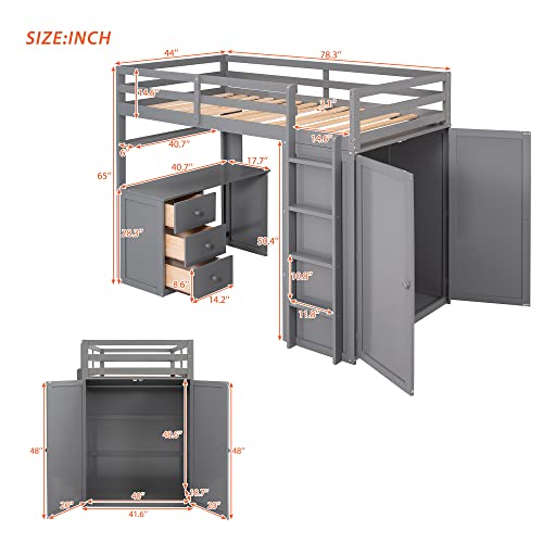Full Size Solid Wood Loft Bed with Desk and Wardrobe S55881
