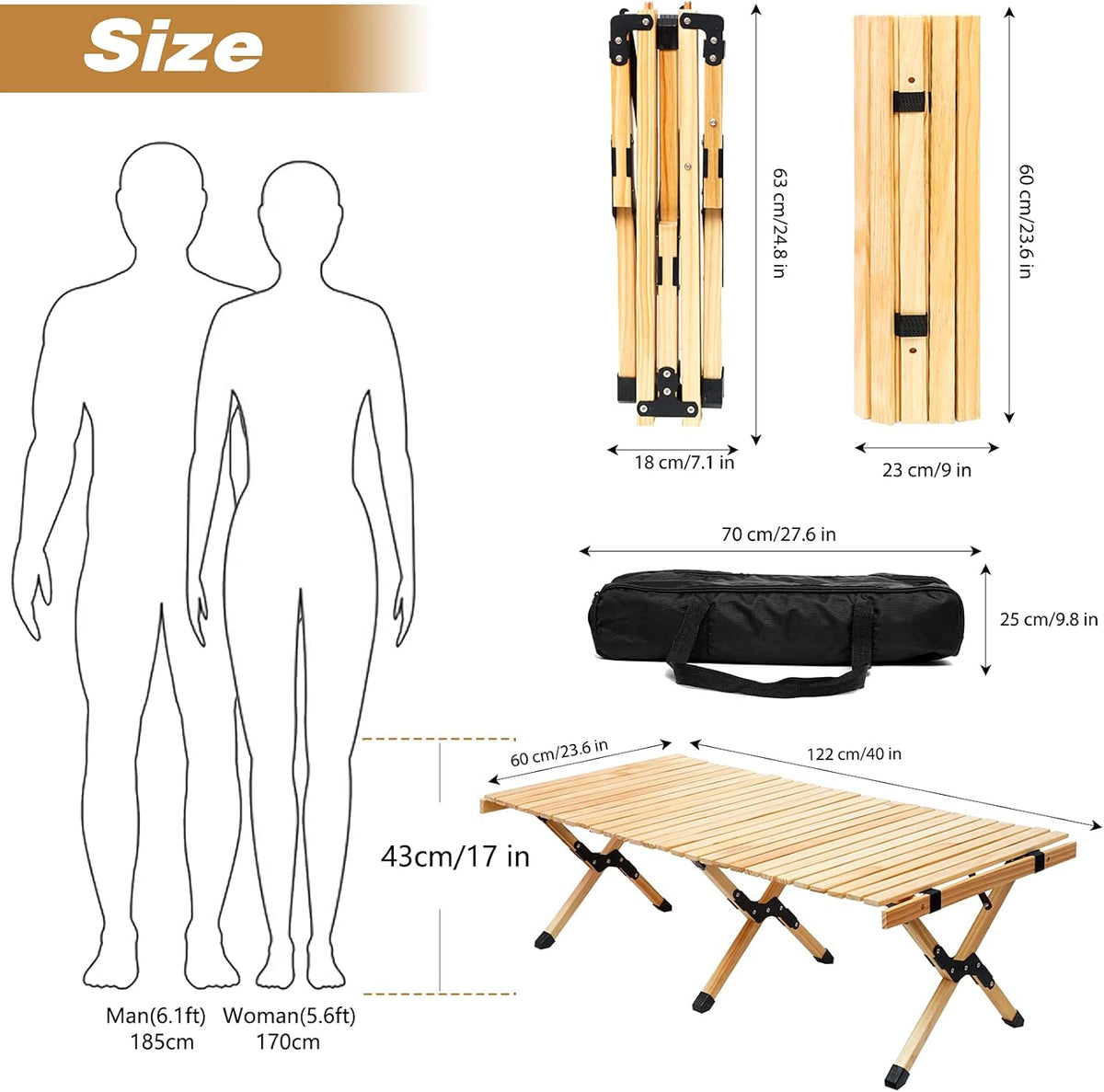3ft Low Height Portable Folding Wooden Camping Table with Carry Bag P164
