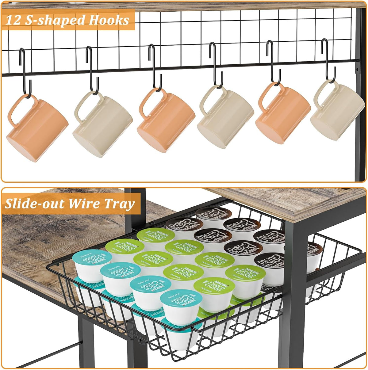 35.8" Large Farmhouse Coffee Station with 12 Hooks and Pull-Out Wire Basket, Coffee Bar Cart Table with Storage Shelves Rustic Brown V346685