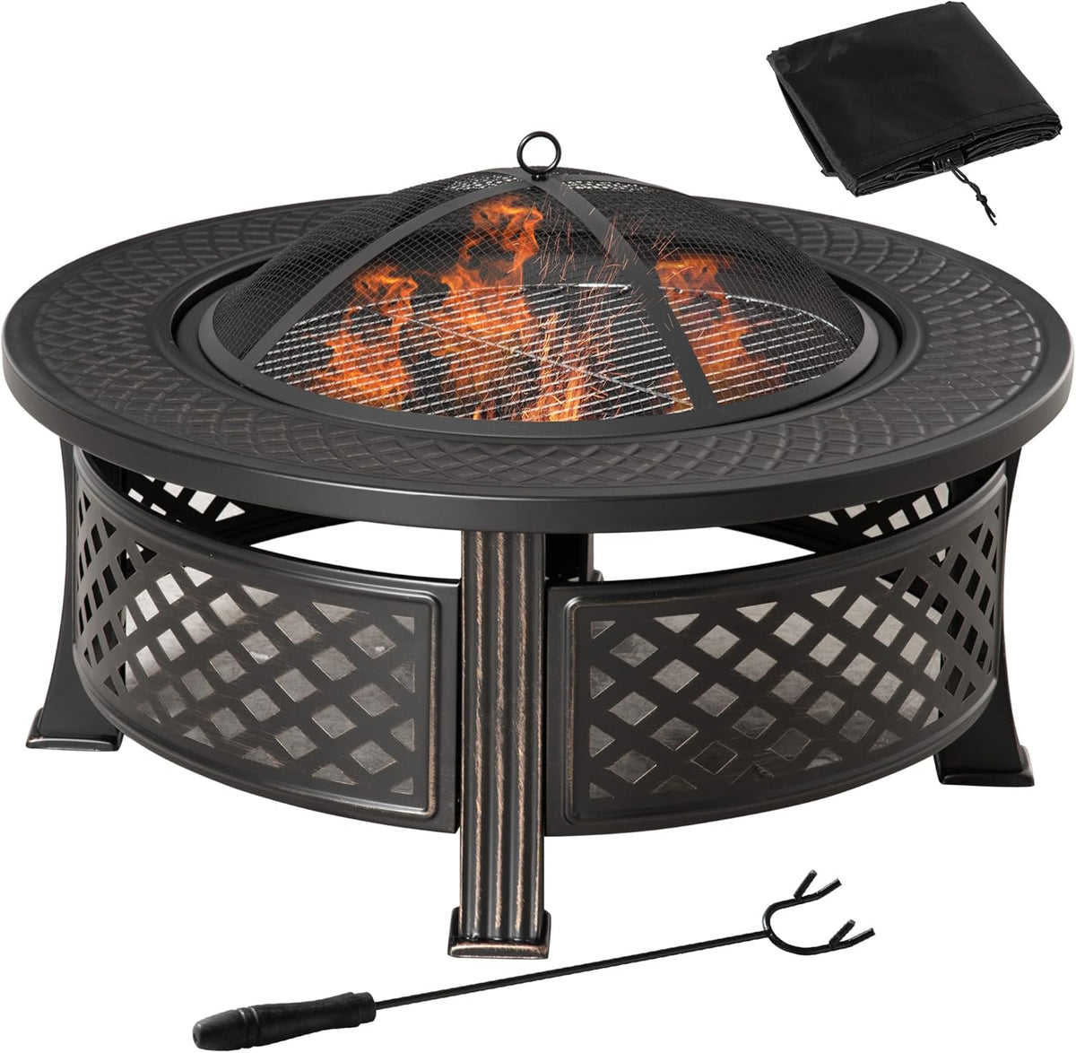32 Outdoor Wood Burning Fire Pit with Grill, Spark Screen, Poker, Rain Cover, Black Z9791