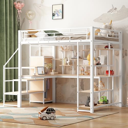 Black Metal Loft Bed with Desk and Stairs M784