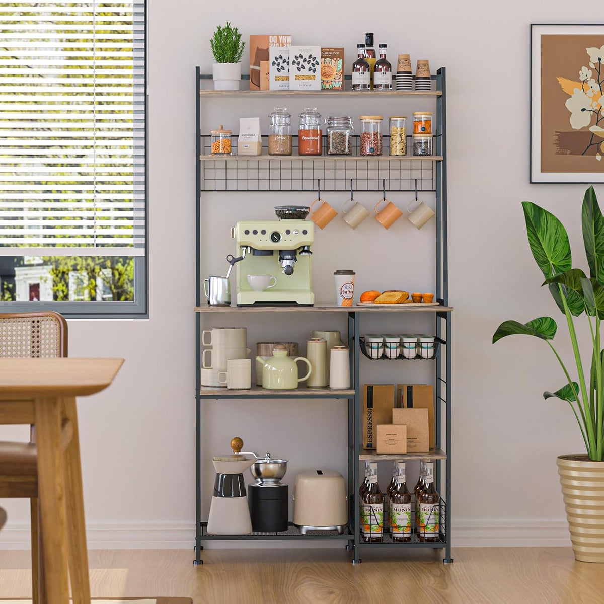 35.8" Large Farmhouse Coffee Station with 12 Hooks and Pull-Out Wire Basket, Coffee Bar Cart Table with Storage Shelves Rustic Brown V346685