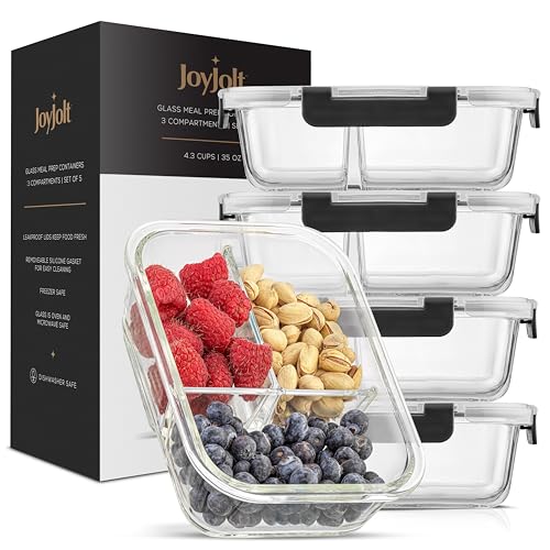 5 Pack Glass 3 Compartment Meal Prep Containers with Lids G7708