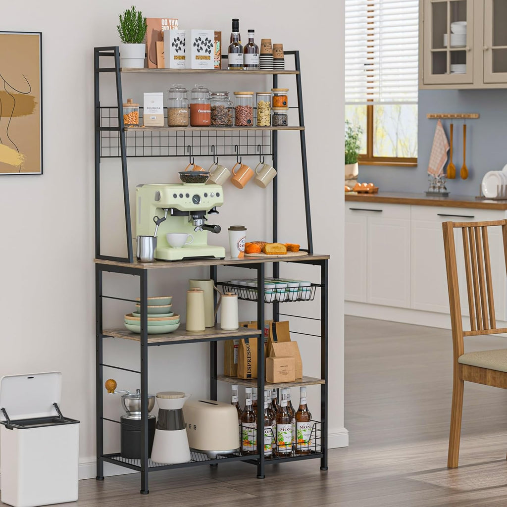 35.8" Large Farmhouse Coffee Station with 12 Hooks and Pull-Out Wire Basket, Coffee Bar Cart Table with Storage Shelves Rustic Brown V346685