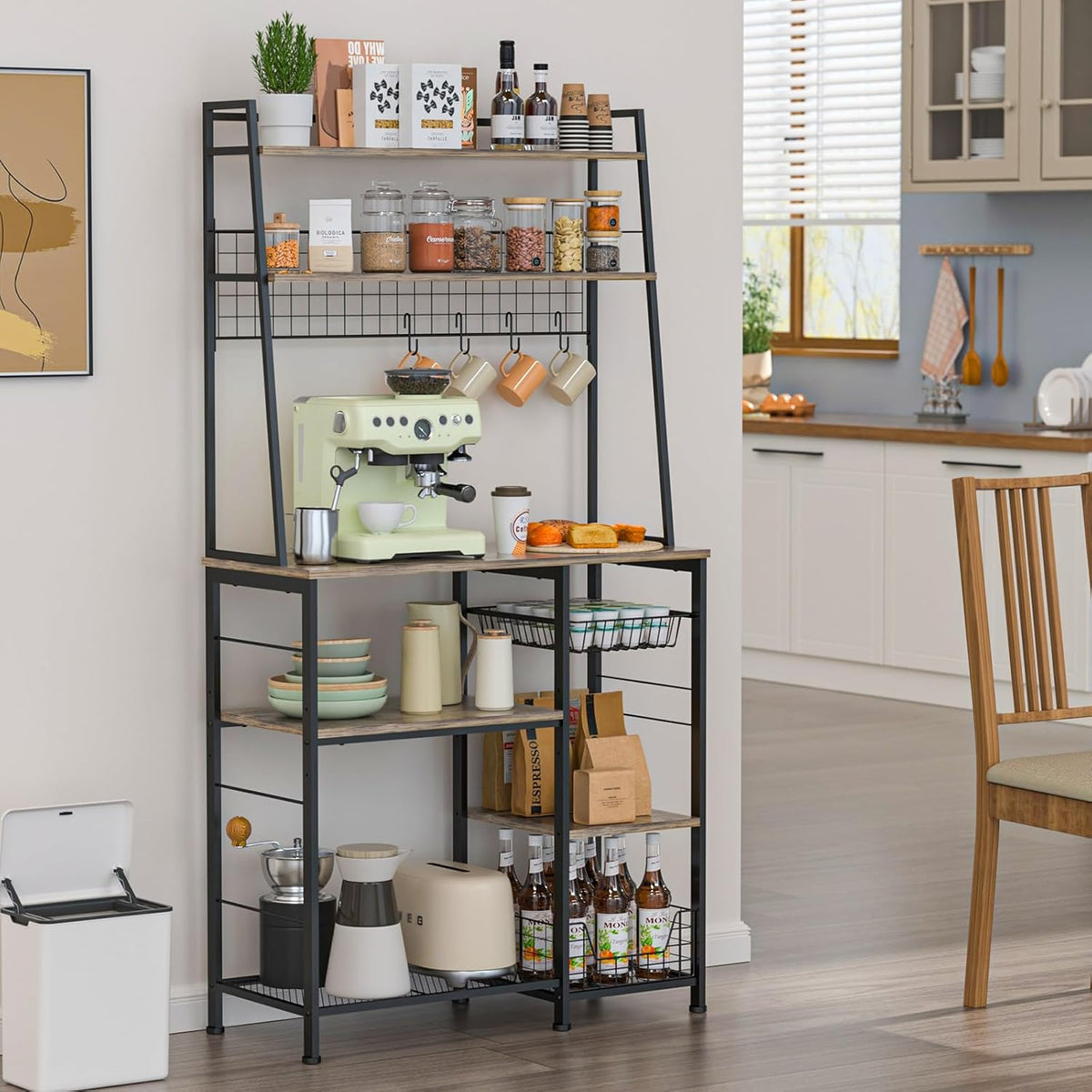 35.8" Large Farmhouse Coffee Station with 12 Hooks and Pull-Out Wire Basket, Coffee Bar Cart Table with Storage Shelves Rustic Brown V346685