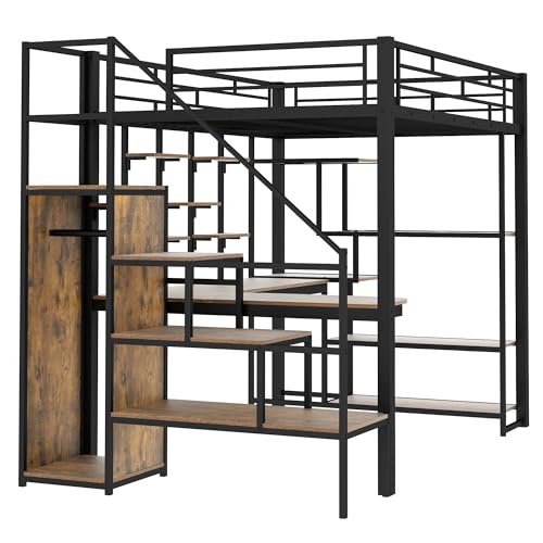 Black Metal Loft Bed with Desk and Stairs M784