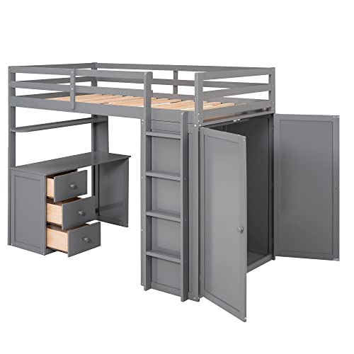 Full Size Solid Wood Loft Bed with Desk and Wardrobe S55881
