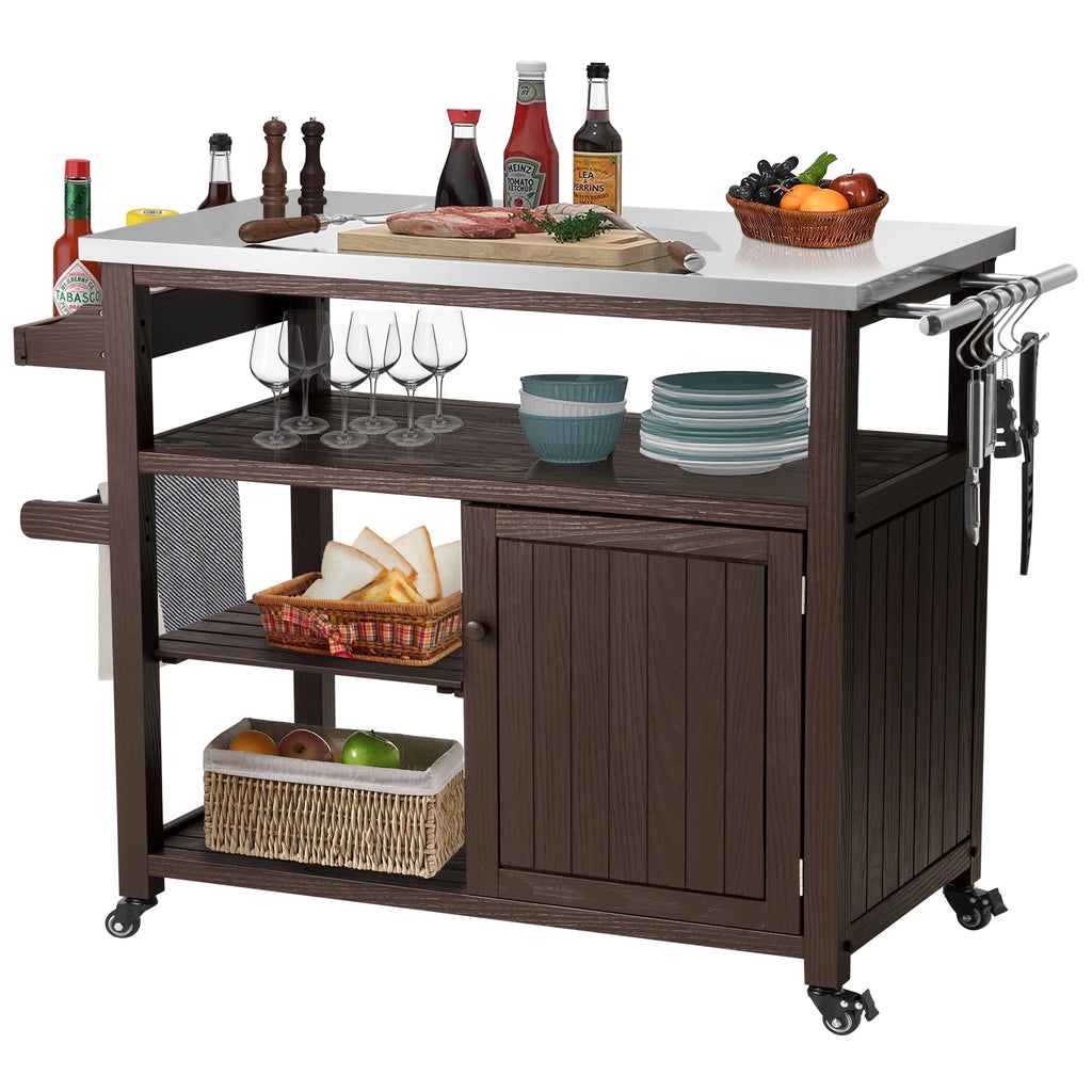 Solid Wood Outdoor Grill Table with Stainless Steel Top S35970