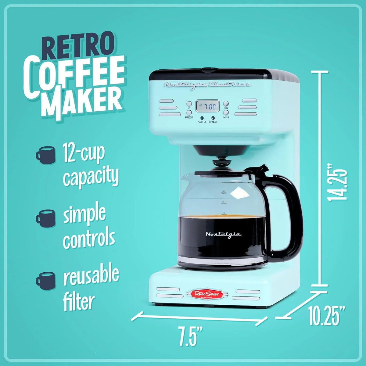 Aqua 12-Cup Programmable Retro Coffee Maker J7074