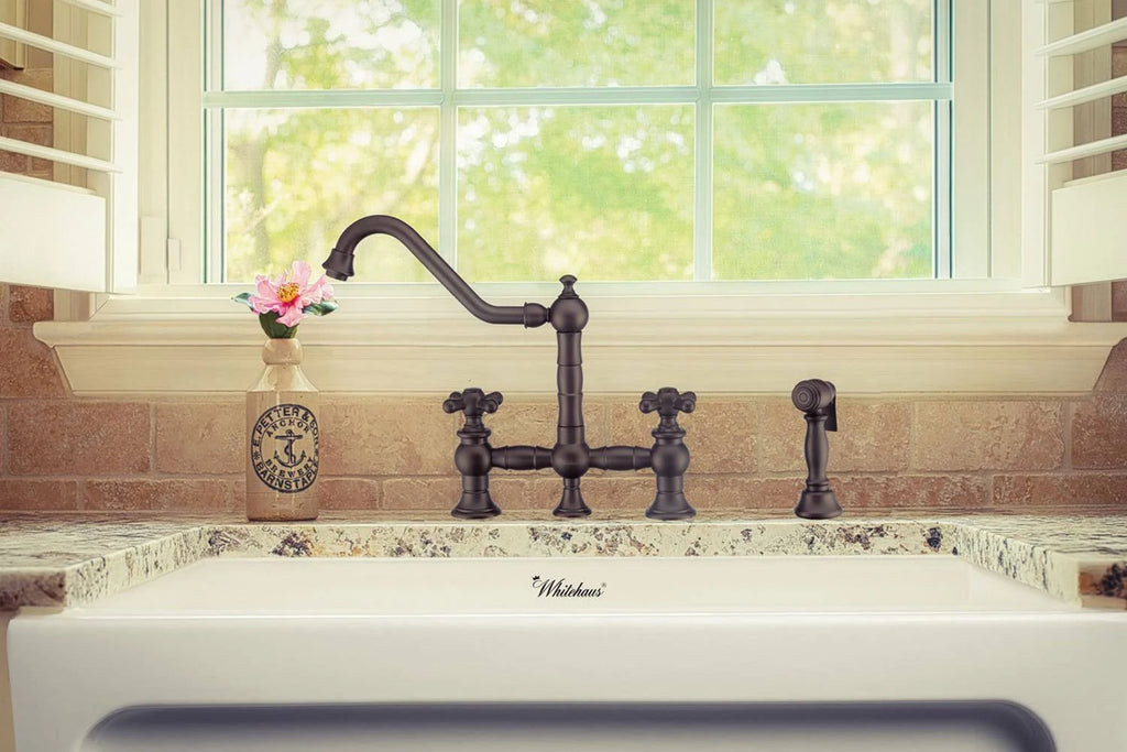 Oil Rubbed Bronze Bridge Faucet with Cross Handles and Side Spray A2231