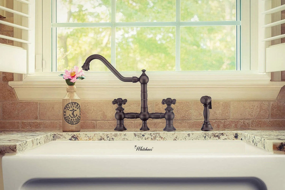 Oil Rubbed Bronze Bridge Faucet with Cross Handles and Side Spray A2231