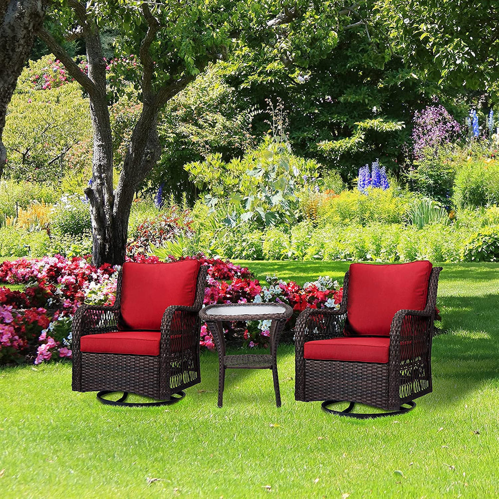 Outdoor Wicker Swivel Rocker Patio Set with Cushions and Glass Top Side Table W328848