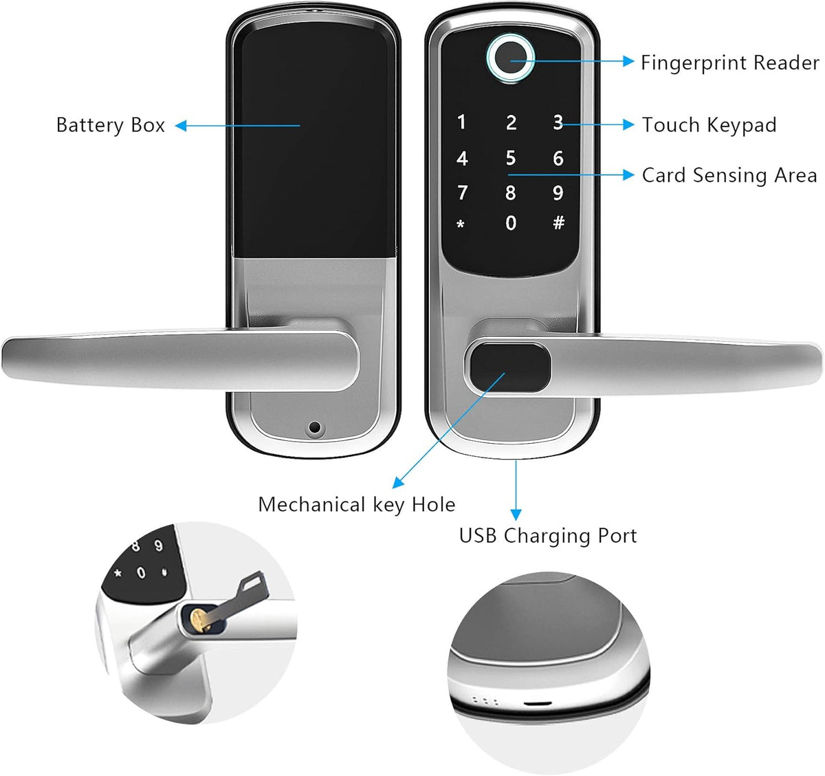 Fingerprint Door Lock with Bluetooth App Code Key and IC Card J1504