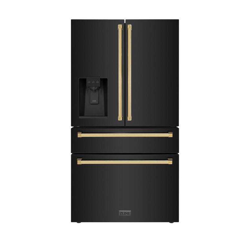 36 in. 4-Door French Door Refrigerator with Ice & Water Dispenser in Black Stainless & Polished Gold M673