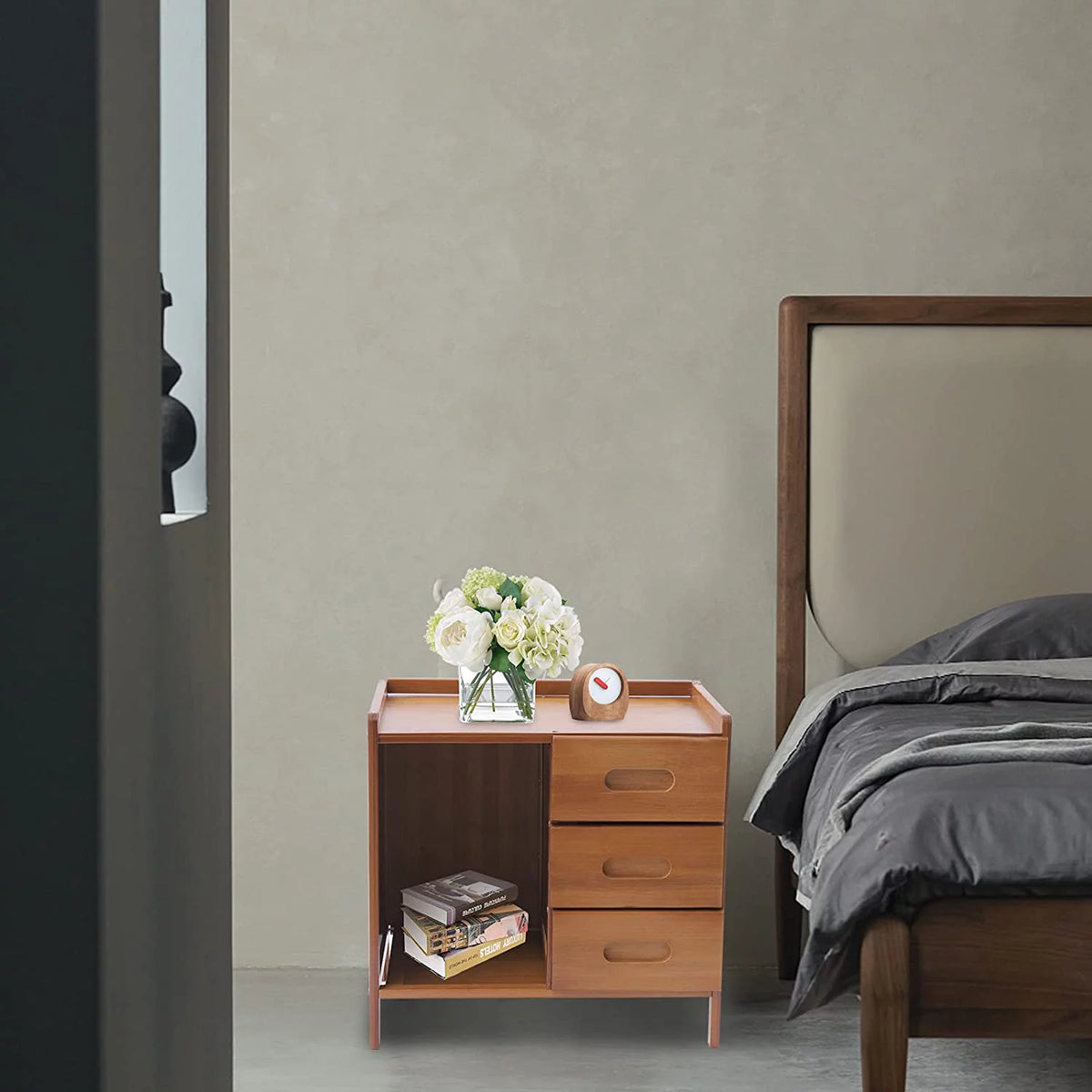 Bamboo Nightstand with 3 Drawers and Open Shelf X9021