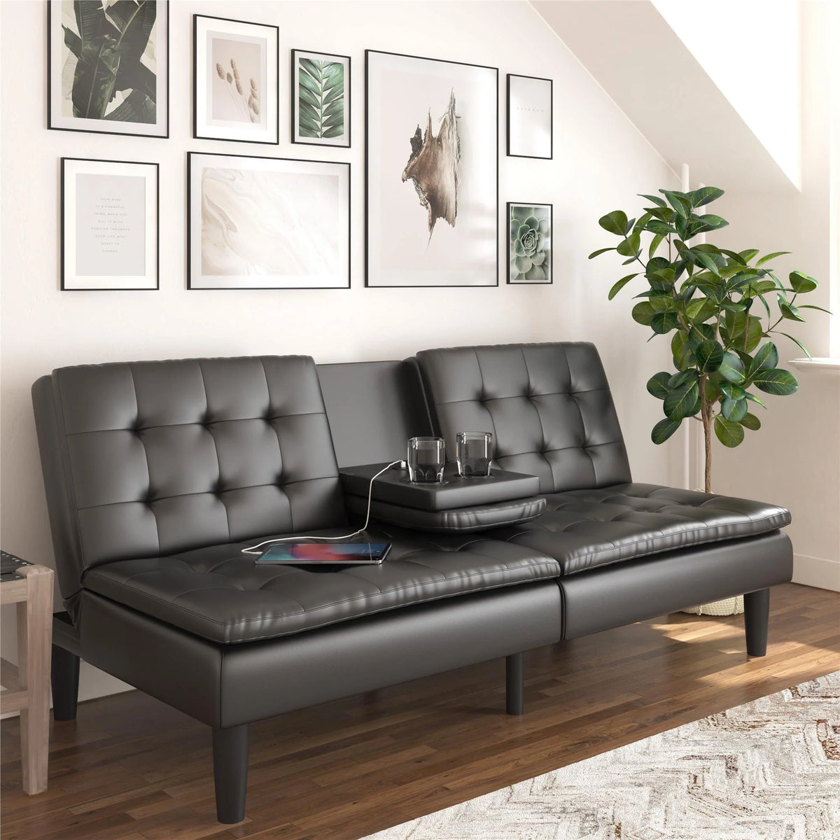 Memory Foam Futon with Cupholder and USB, Camel Faux Leather T92904