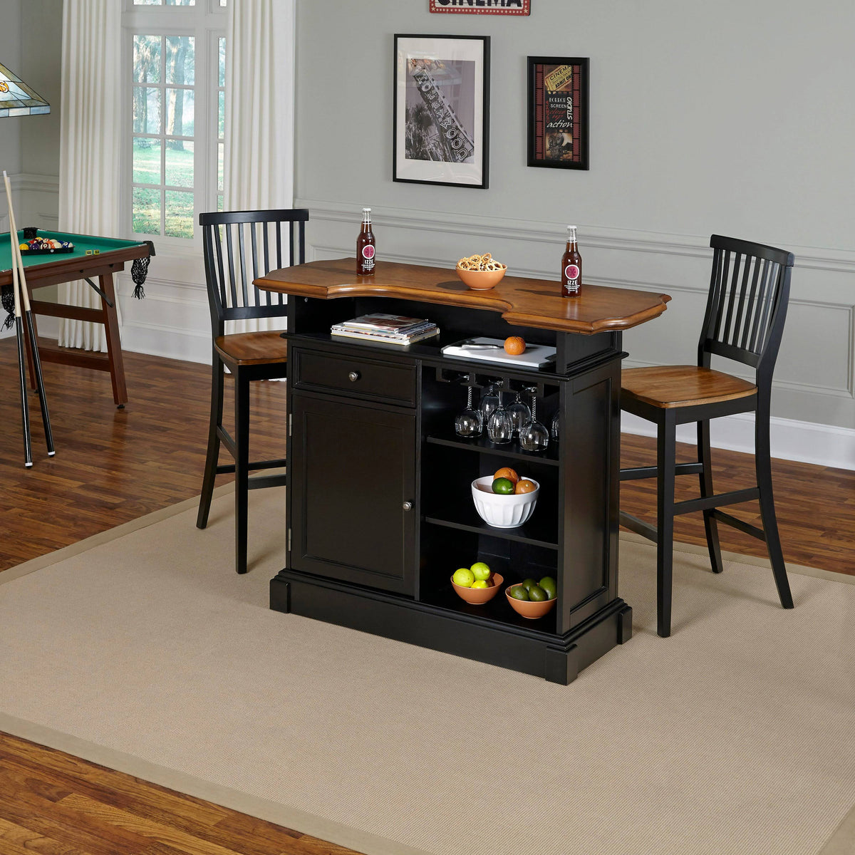 Black Bar and Two Stools O21924
