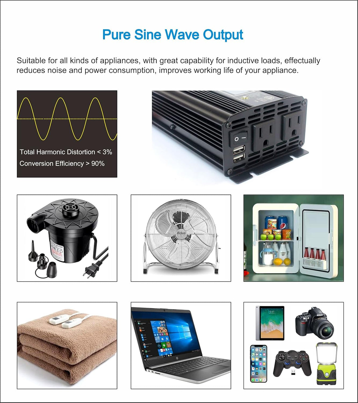 300W Pure Sine Wave Power Inverter with LCD Display DC 12V to 110V AC with USB Charger T5591