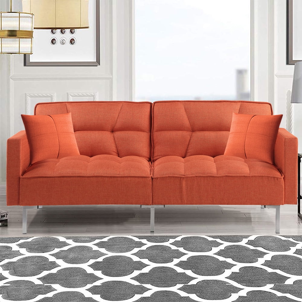 Orange Convertible Folding Futon Sofa Bed with 2 Pillows P5195