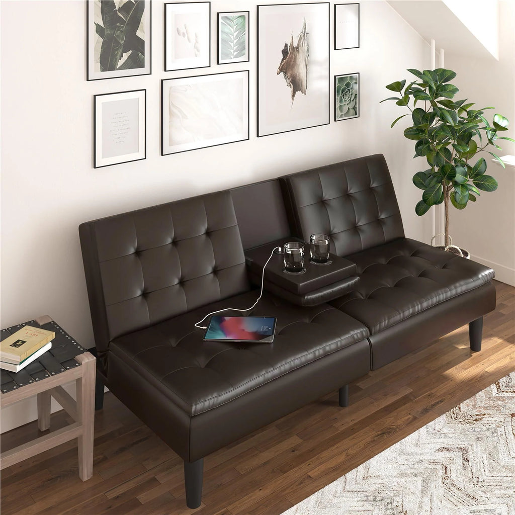 Memory Foam Futon with Cupholder and USB, Camel Faux Leather T92904