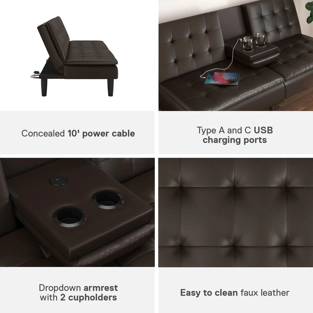 Memory Foam Futon with Cupholder and USB, Camel Faux Leather T92904