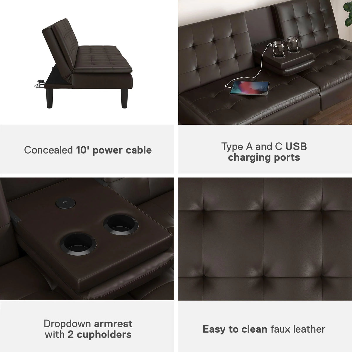 Memory Foam Futon with Cupholder and USB, Camel Faux Leather T92904