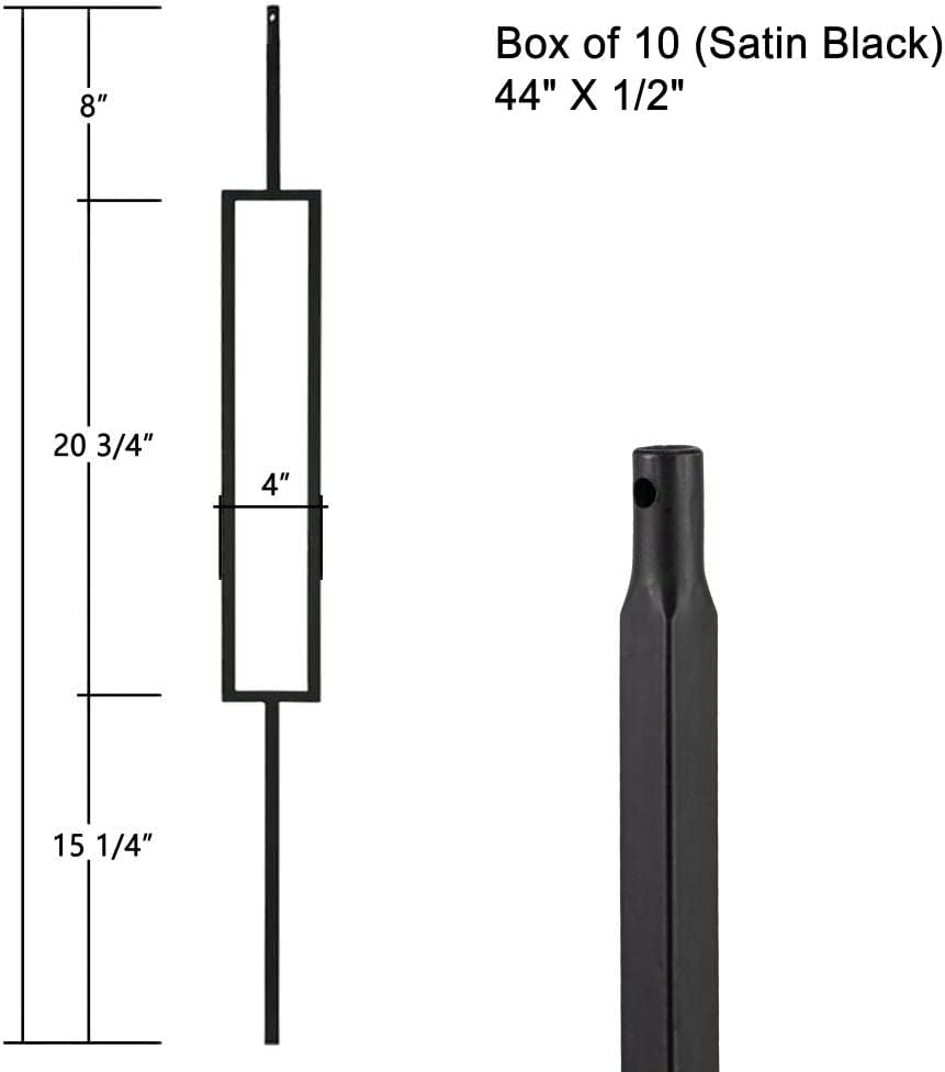 Satin Black Wrought Iron Balusters, Set of 10, Hollow Rectangle Iron Spindles P6940