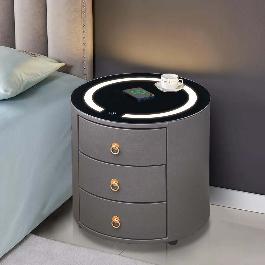 Set of 2 Dark Gray Faux Leather 3 Drawer Nightstand F590