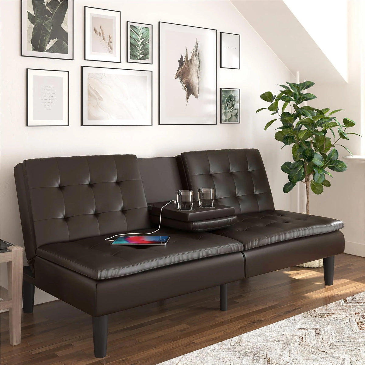 Memory Foam Futon with Cupholder and USB, Camel Faux Leather T92904