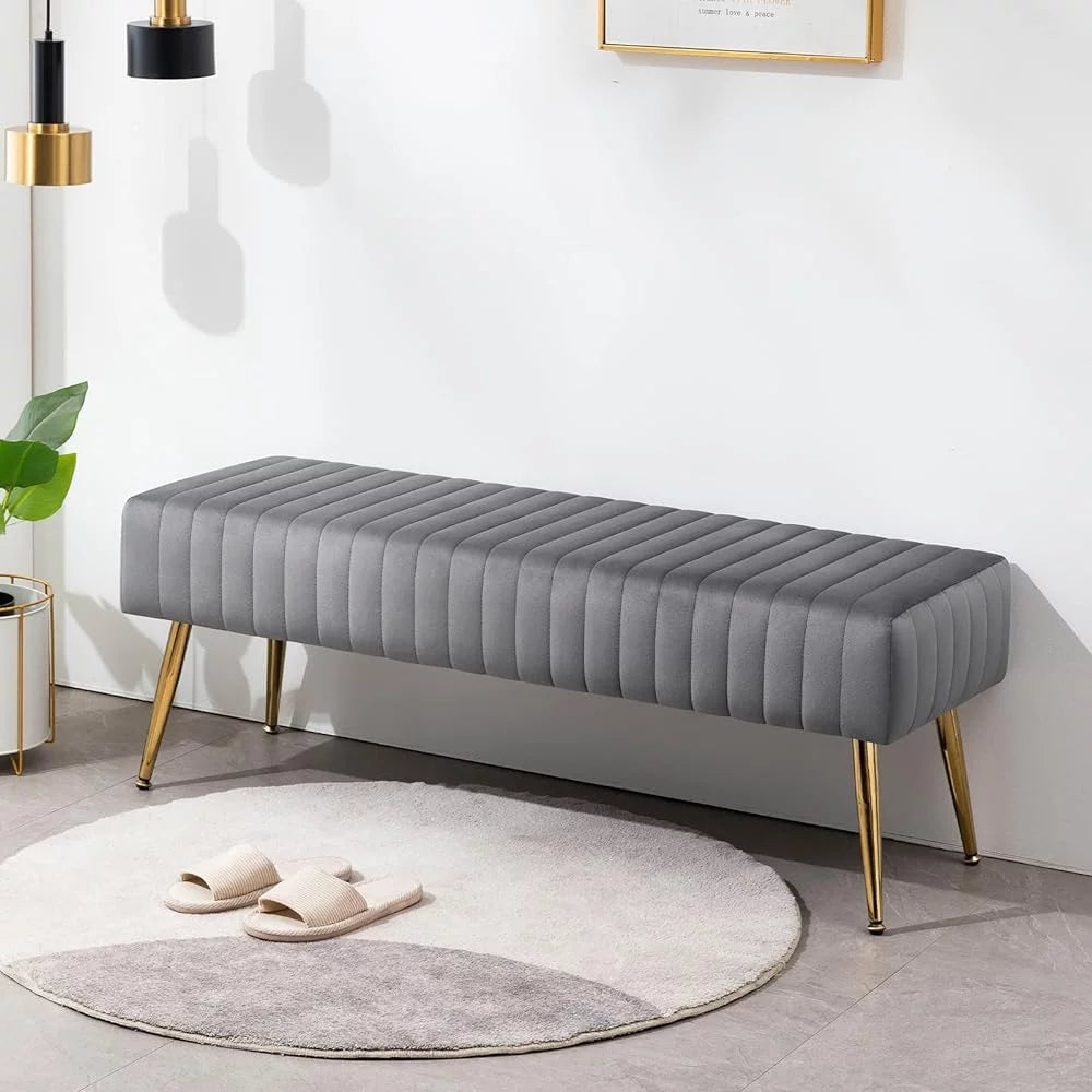 Grey Upholstered Tufted Striped Fabric Bench with Metal Legs J7161