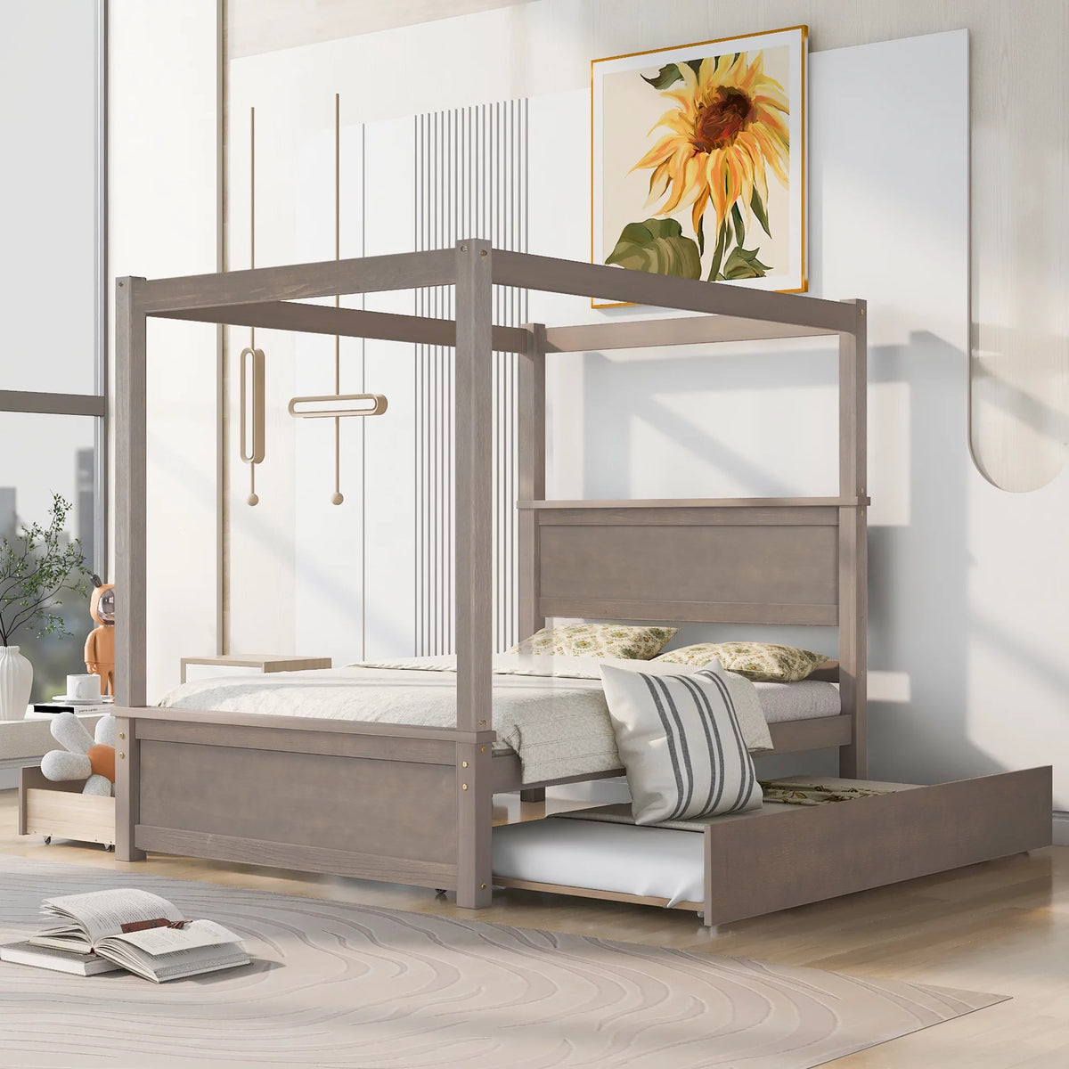 Full Size Canopy Platform Bed Frame with Trundle and Two Drawers I9172