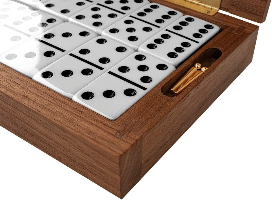 Luxury Domino Set with Walnut-Framed Beechwood Case & Cribbage / Counter Top - 28 Double-Six Dominoes B16849