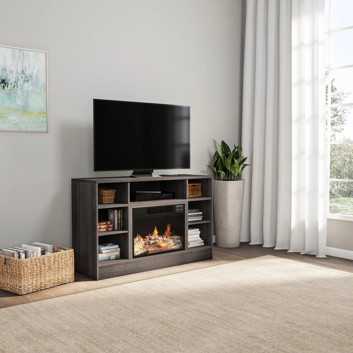 Fireplace TV Stand for TVs up to 48" with Adjustable Thermostat and LED Flame, Gray T826417