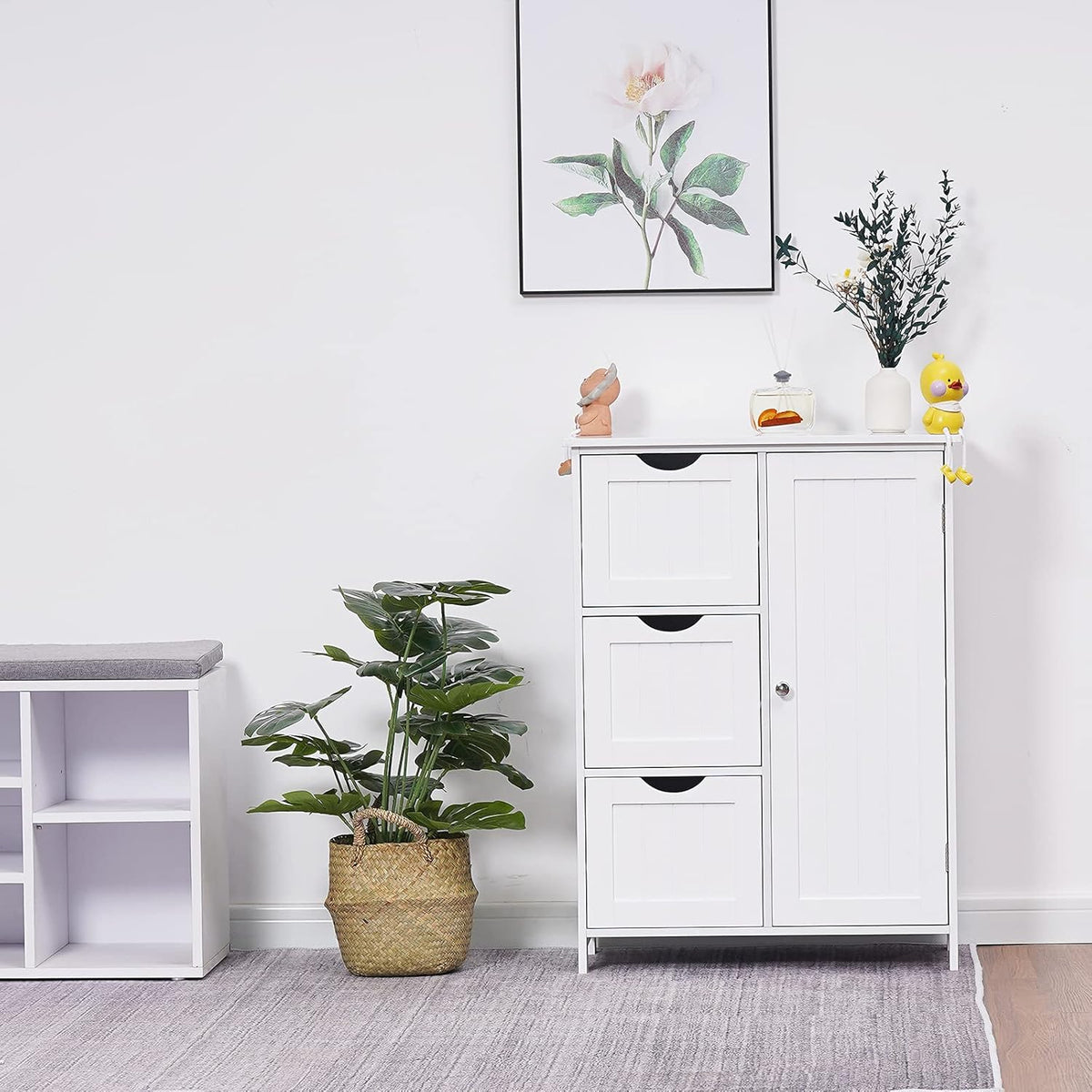 White Wooden Freestanding Bathroom Floor Cabinet with 1 Cupboard and 3 Drawers E4944
