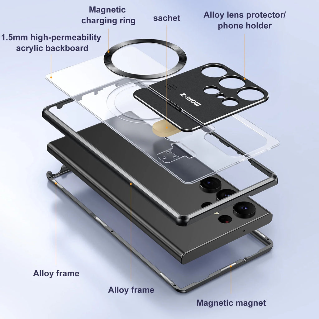 Rugged Aluminum Alloy Metal Case with Acrylic Clear Back Camera Lens Protective Cover Magnetic MagSafe Shockproof Case W965542