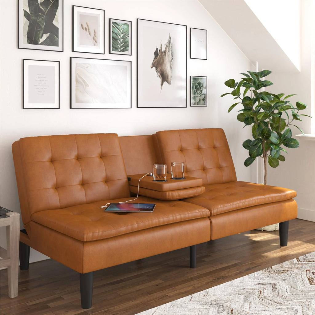 Memory Foam Futon with Cupholder and USB, Camel Faux Leather T92904