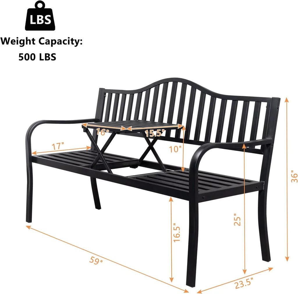Black Outdoor Bench with Pullout Middle Table Q44424