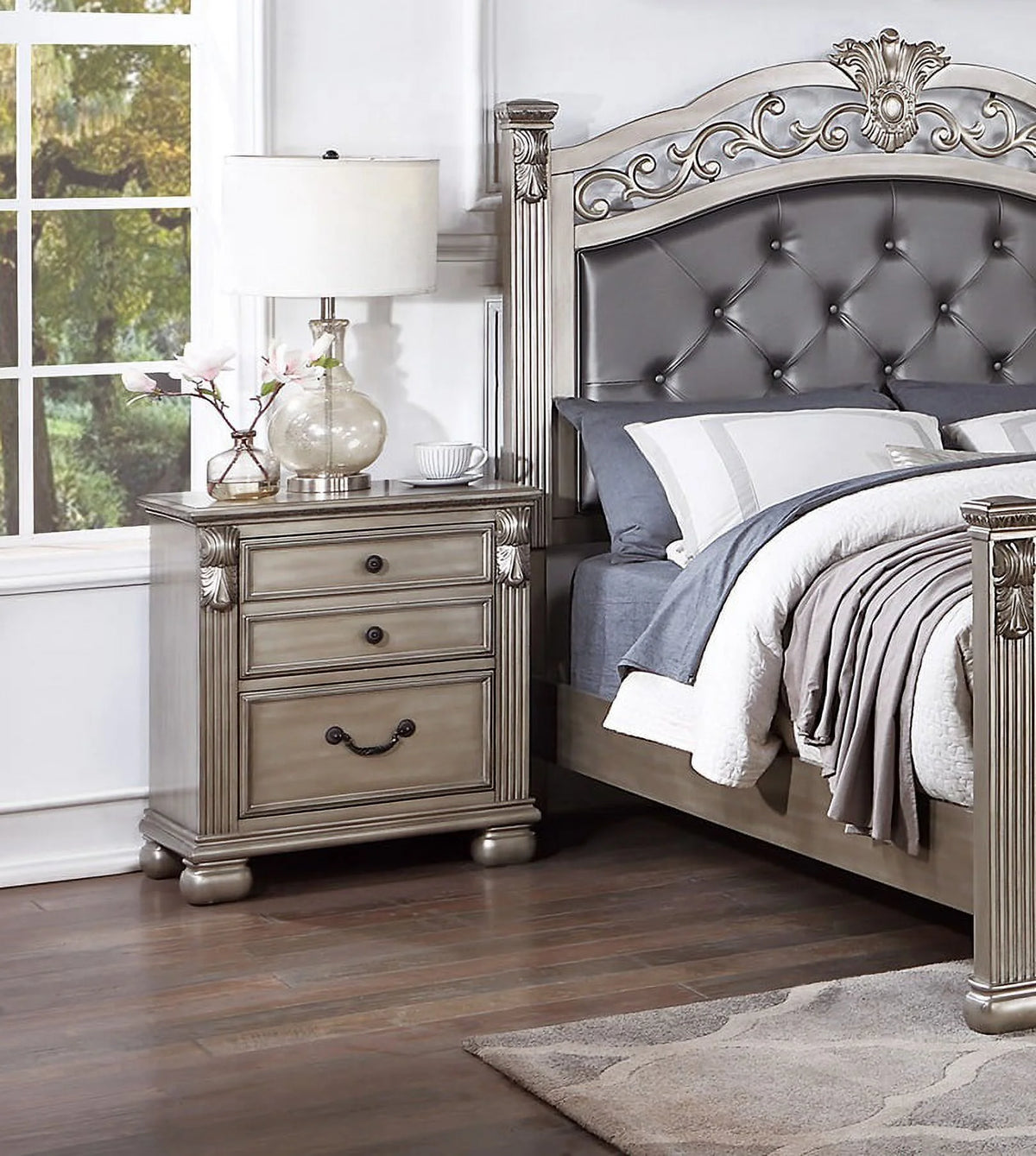 Queen Size Tufted Fabric Bed with 2 Nightstands 3pc Set Grey Y3861
