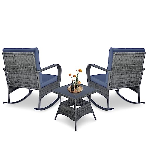 3 PCS Outdoor Rocking Chair Set with Cushions & Coffee Table W8419