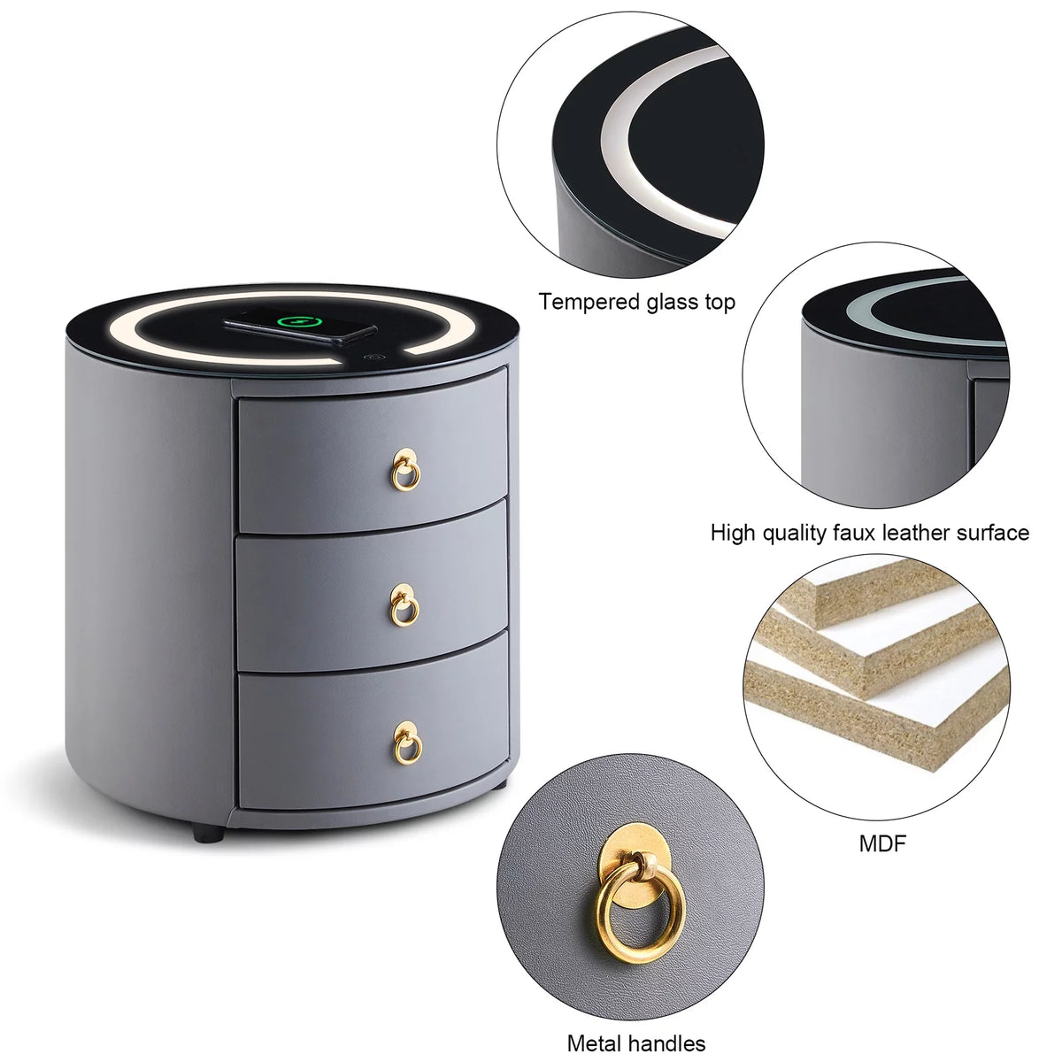 Set of 2 Dark Gray Faux Leather 3 Drawer Nightstand F590