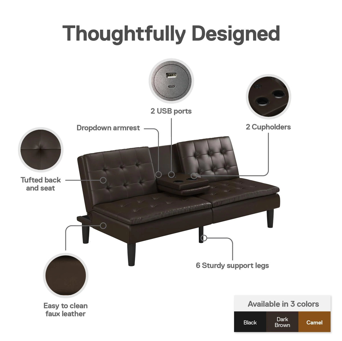 Memory Foam Futon with Cupholder and USB, Camel Faux Leather T92904
