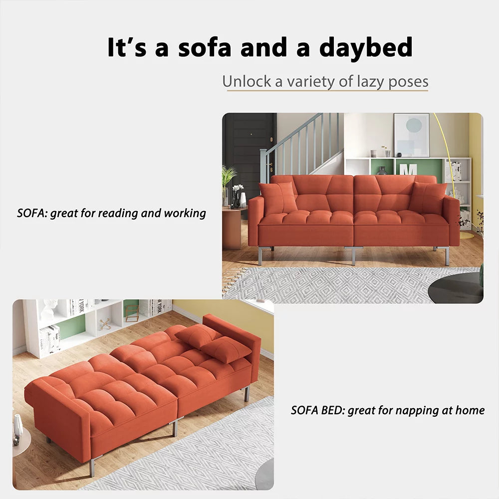 Orange Convertible Folding Futon Sofa Bed with 2 Pillows P5195