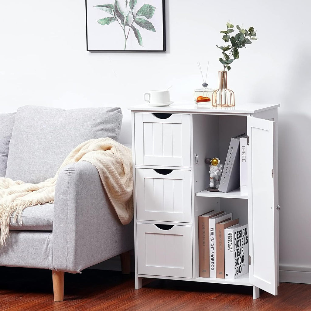 White Wooden Freestanding Bathroom Floor Cabinet with 1 Cupboard and 3 Drawers E4944