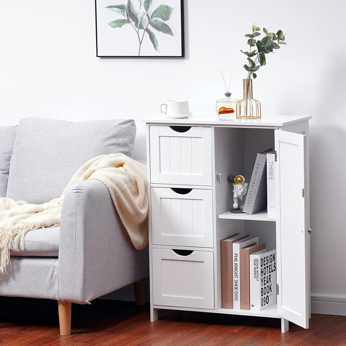 White Wooden Freestanding Bathroom Floor Cabinet with 1 Cupboard and 3 Drawers E4944