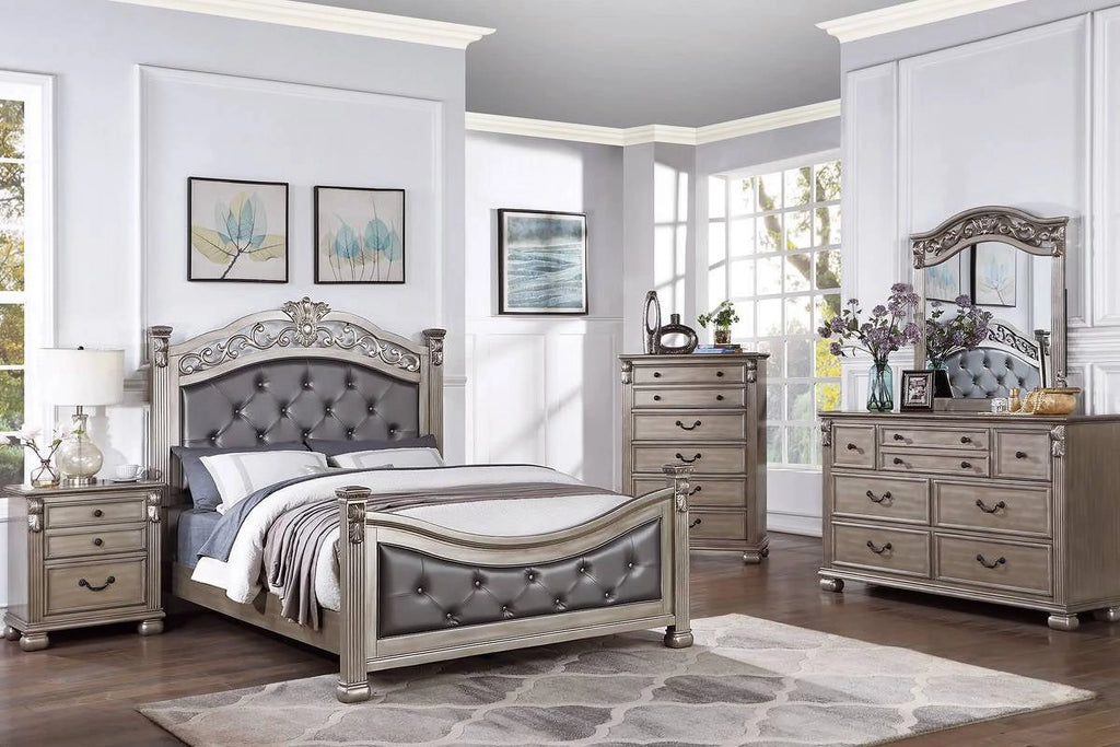 Queen Size Tufted Fabric Bed with 2 Nightstands 3pc Set Grey Y3861