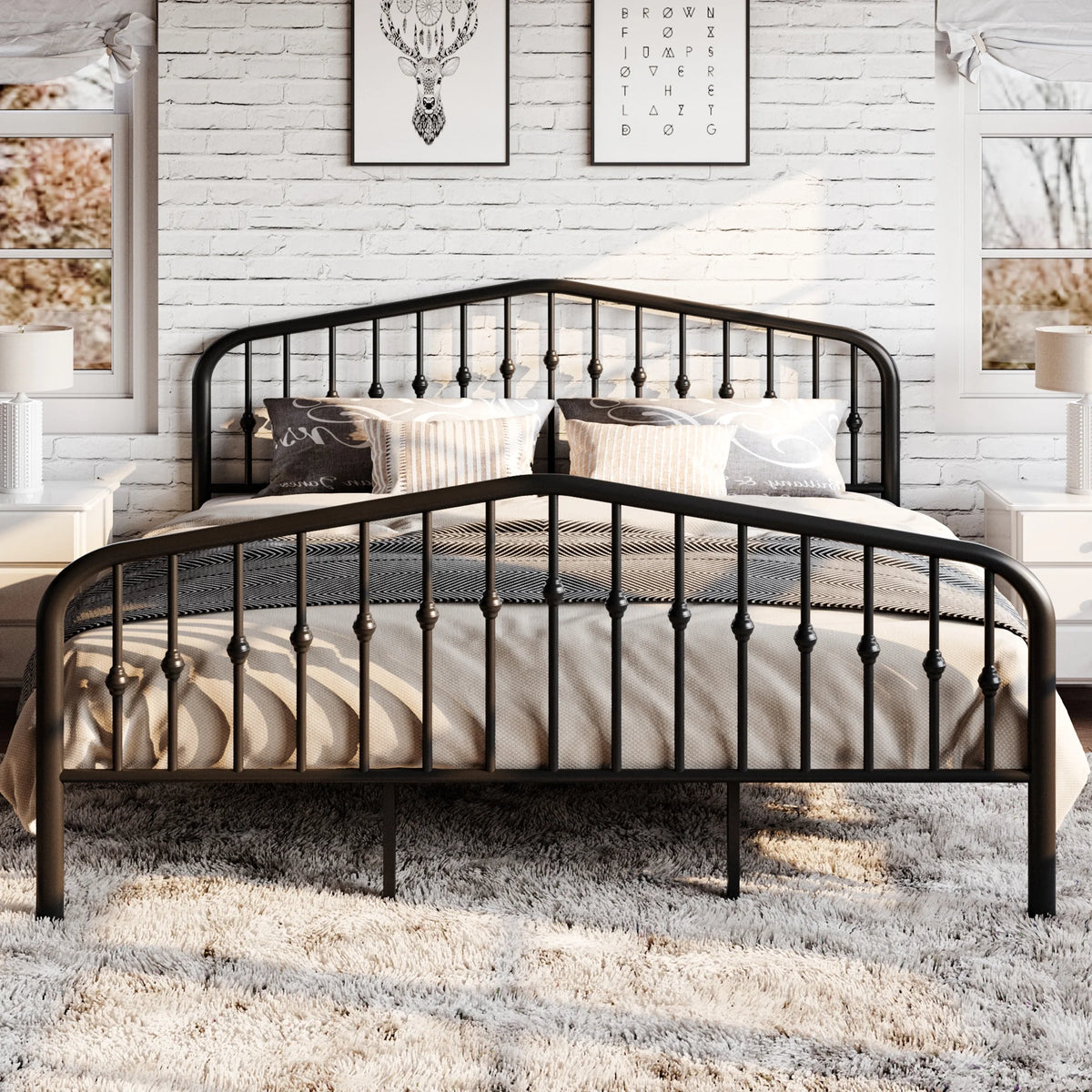 Black Queen Size Metal Platform Bed Frame with Victorian Headboard P9143